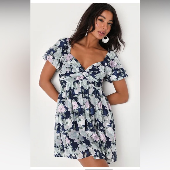 Fresh Florals Navy Blue Floral Print Puff Sleeve Mini Dress - Picture 1 of 5